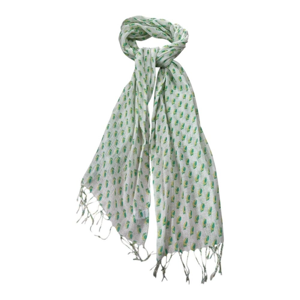 Old Navy Owl Linear Scarf White Multi Green Yellow Fringed Acrylic 2012